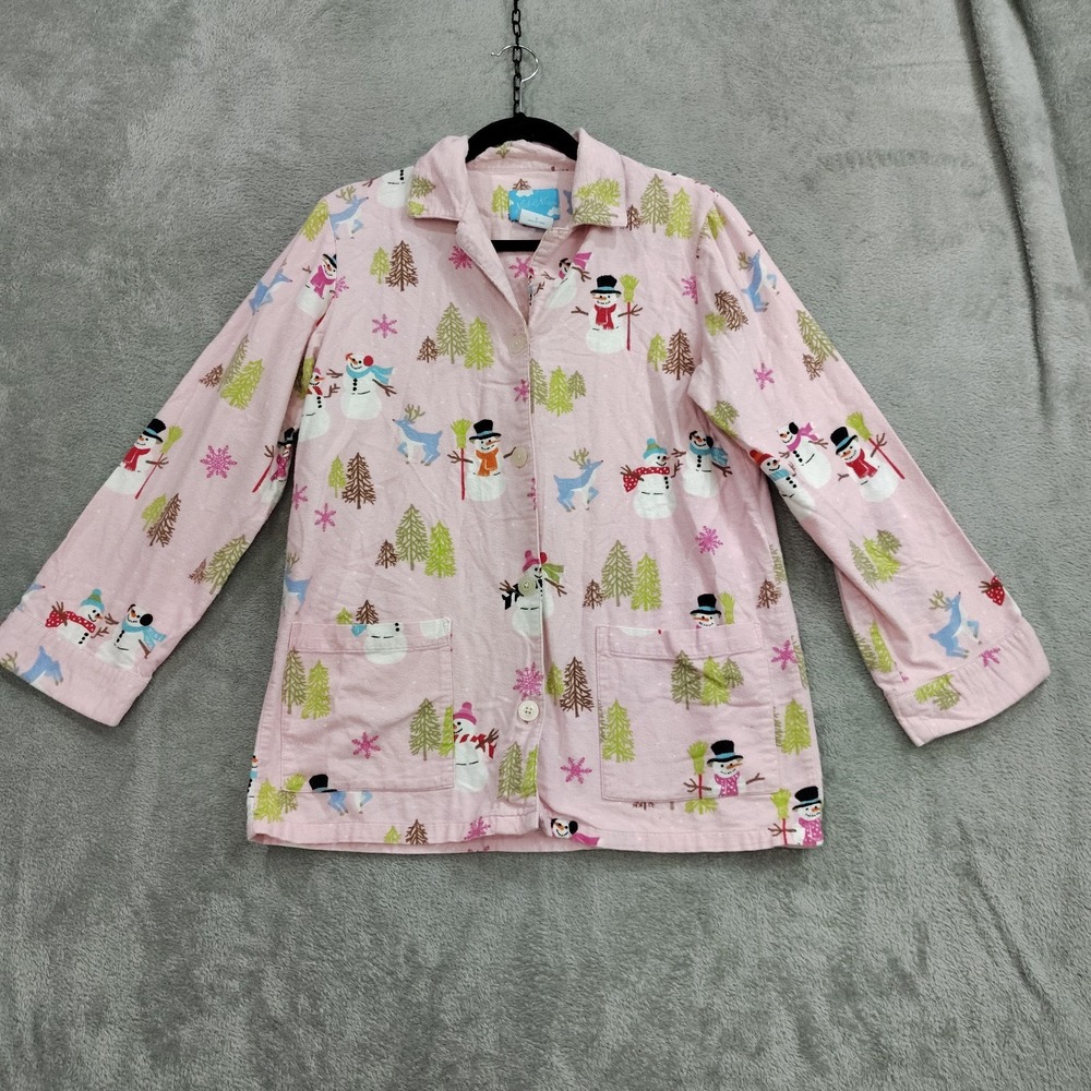 Nick Nora Pajama Top Womens S Pink Flannel Snowman Reindeer Christmas Winter
